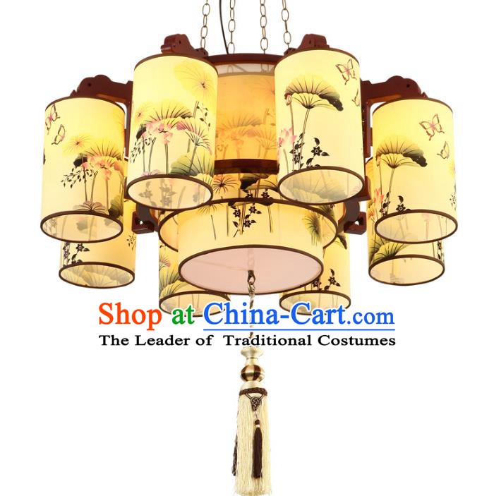 Traditional Chinese Painting Lotus Palace Lanterns Handmade Eight-Lights Lantern Ancient Ceiling Lamp