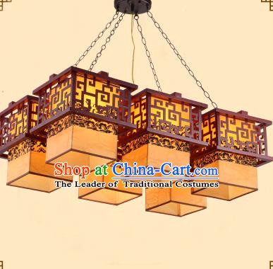Traditional Chinese Six-Lights Palace Lanterns Handmade Wood Hanging Lantern Ancient Ceiling Lamp