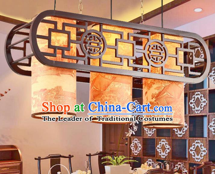 Traditional Chinese Three-Lights Ceiling Palace Lanterns Handmade Wood Hanging Lantern Ancient Lamp