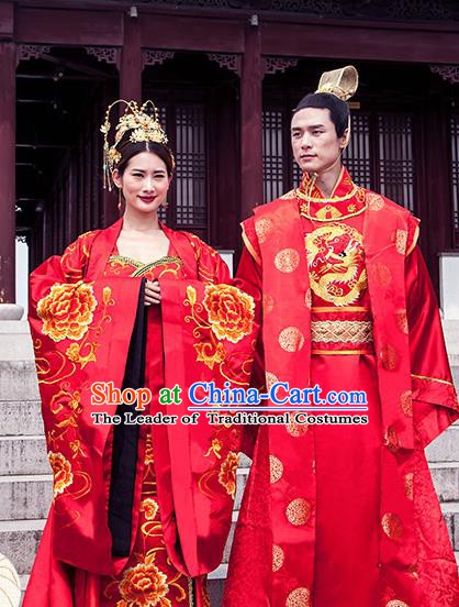 Ancient Chinese Tang Dynasty Emperor and Empress Embroidered Wedding Costume Complete Set