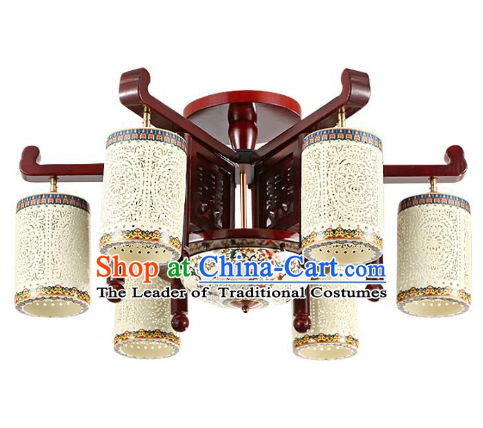 Traditional Chinese Porcelain Carving Hanging Ceiling Palace Lanterns Handmade Six-pieces Lantern Ancient Lamp