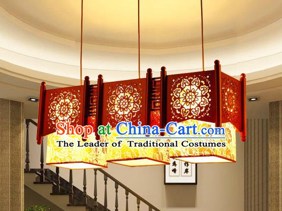 Traditional Chinese Wood Carving Three-Lights Hanging Lanterns Handmade Palace Ceiling Lantern Ancient Lamp