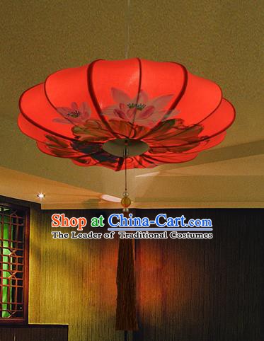 Traditional Chinese Painting Lotus Red Hanging Lanterns Ancient Handmade Ceiling Lantern Ancient Lamp