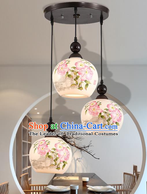 Traditional Chinese Handmade Ceramics Hanging Lantern Asian Painting Peach Blossom Ceiling Lanterns Ancient Lantern