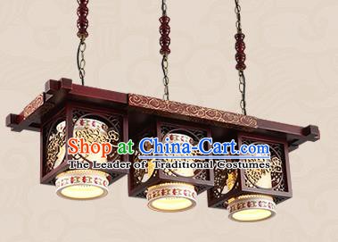 Traditional Chinese Handmade Three-Lights Lantern Asian Wood Carving Ceiling Lanterns Ancient Lantern