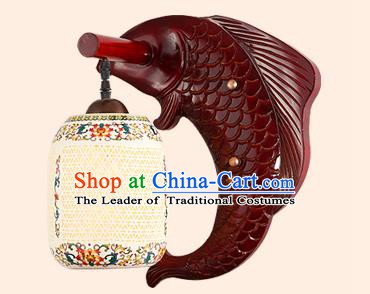China Handmade Pierced Ceramics Lantern Ancient Wood Fish Wall Lanterns Traditional Lamp