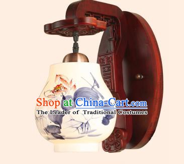 China Handmade Painting Lotus Ceramics Lantern Ancient Wood Wall Lanterns Traditional Lamp