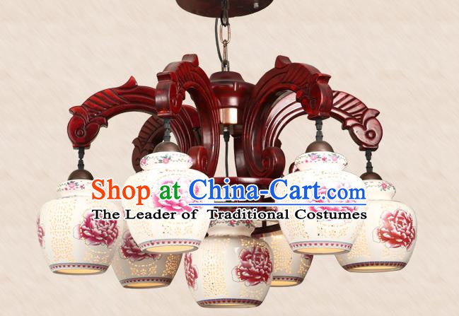 Traditional Chinese Handmade Seven-Pieces Ceiling Lantern Wood Palace Lanterns Ancient Lamp