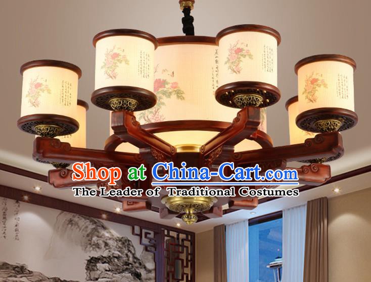 Traditional Chinese Handmade Painting Flowers Wood Lantern Eight-Lights Palace Lantern Ancient Ceiling Lanterns