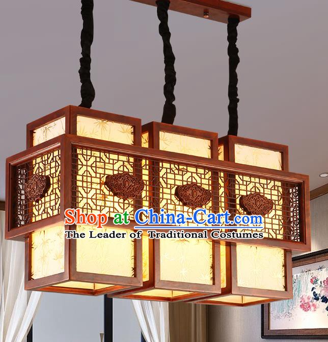 Traditional Chinese Handmade Sheepskin Lantern Three-Lights Wood Palace Lantern Ancient Ceiling Lanterns