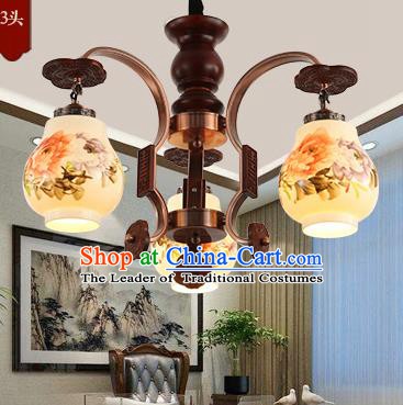 Traditional Chinese Handmade Painting Peony Lantern Three-Lights Palace Lantern Ancient Ceiling Lanterns