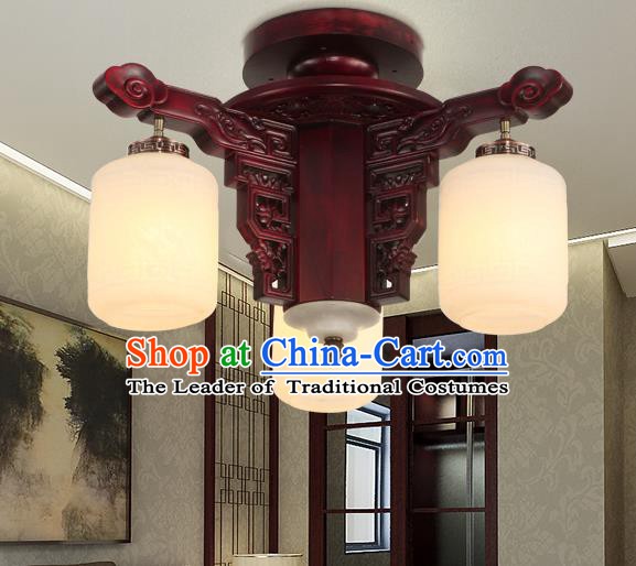 Traditional Chinese Handmade Three-Lights Ceiling Lantern Rosewood Marble Palace Lanterns Ancient Lamp