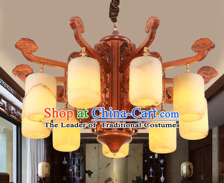 Traditional Chinese Handmade Marble Hanging Lantern Rosewood Nine-Lights Palace Lanterns Ancient Lamp