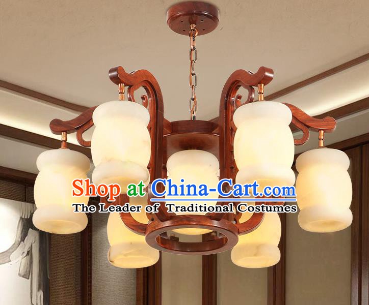 Traditional Chinese Handmade Rosewood Marble Ceiling Lantern Seven-Lights Palace Lanterns Ancient Lamp
