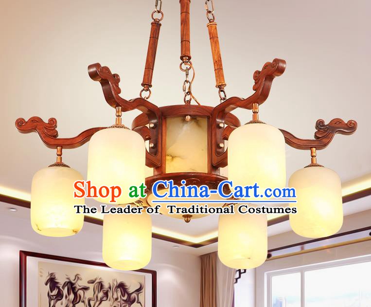 Traditional Chinese Handmade Marble Ceiling Lantern Wood Six-Pieces Palace Lanterns Ancient Lamp