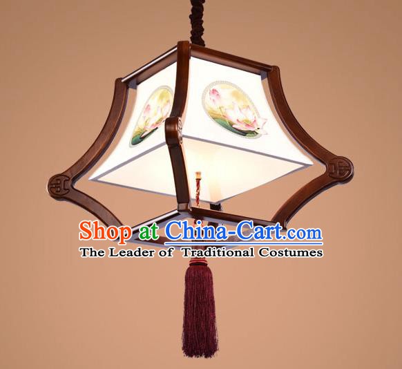 Traditional Chinese Handmade Palace Lantern Wood Hanging Lanterns Ancient Painting Lotus Lamp