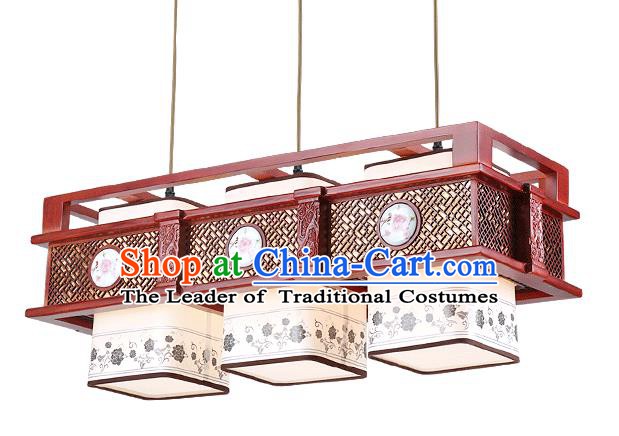 Traditional Chinese Hanging Palace Lantern Handmade Painting Peony Ceiling Lanterns Ancient Three-Lights Lamp