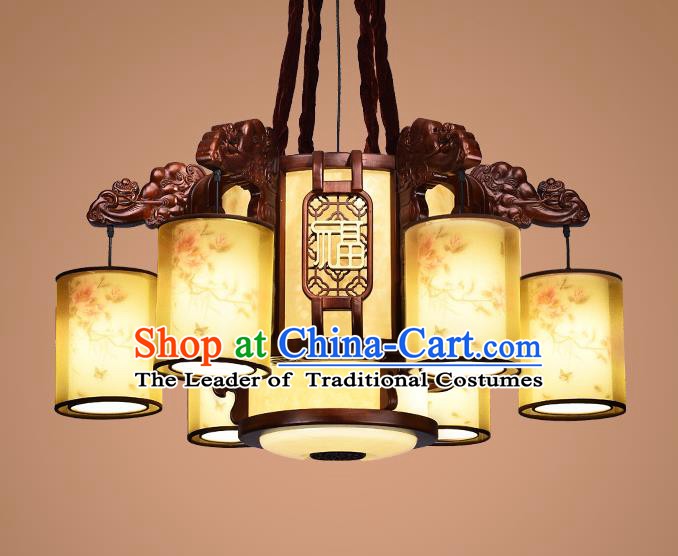 Traditional Chinese Wood Palace Lantern Handmade Six-Lights Hanging Ceiling Lanterns Ancient Lamp