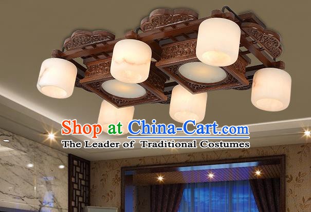 Traditional Chinese Wood Palace Lantern Handmade Six-Lights Marble Ceiling Lanterns Ancient Lamp