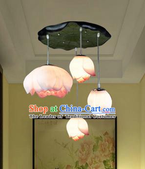 Top Grade Handmade Four-Lights Red Lotus Hanging Lanterns Traditional Chinese Ceiling Palace Lantern Ancient Lanterns