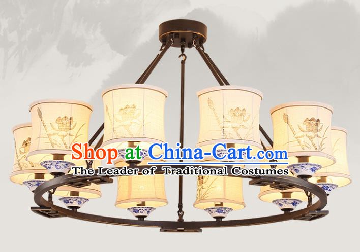 China Handmade Ten-Lights Ceiling Lanterns Traditional Chinese Painting Lotus Palace Lantern Ancient Lanterns