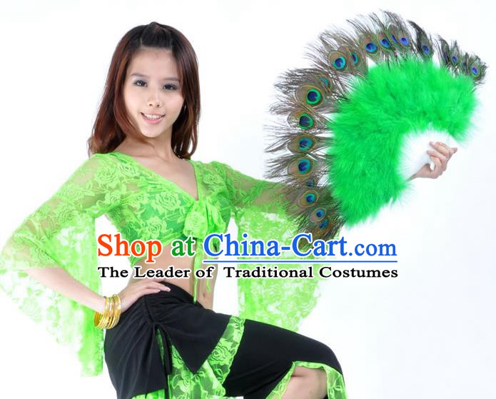 Indian Bollywood Belly Dance Fans Green Feather Folding Fans for Women