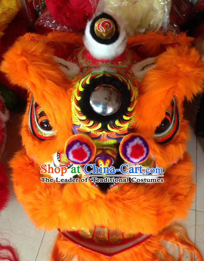 Chinese Professional Lion Dance Costumes Celebration and Parade Long Wool Orange Lion Head Complete Set