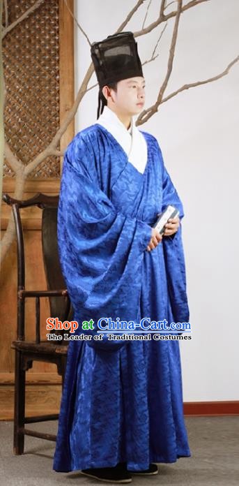 Chinese Ancient Ming Dynasty Scholar Hanfu Clothing Blue Long Robe for Men