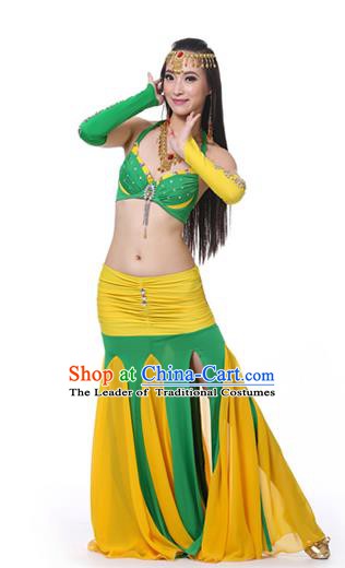 Asian Indian Bollywood Belly Dance Costume Stage Performance Oriental Dance Green and Yellow Dress for Women