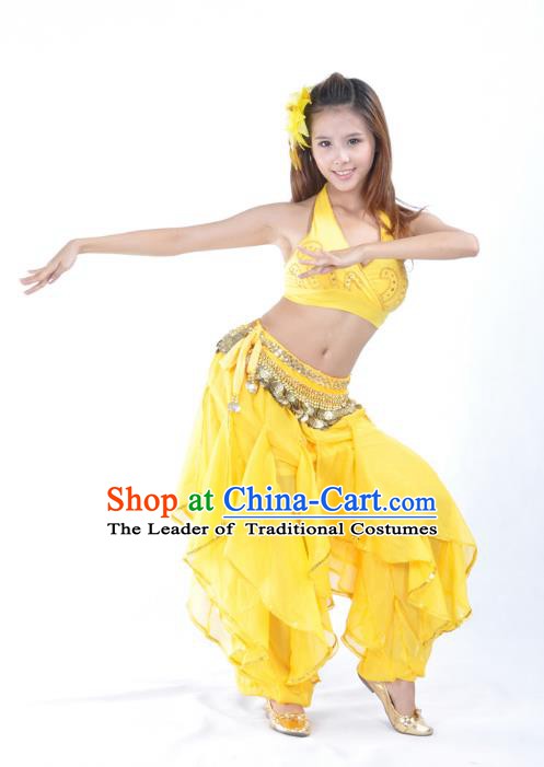 Asian Indian Traditional Costume Belly Dance Stage Performance Oriental Dance Yellow Clothing for Women