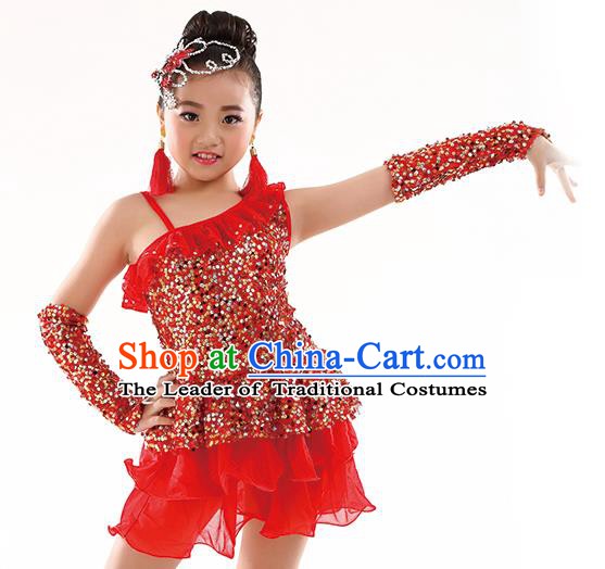 Top Latin Dance Performance Sequin Costume Traditional Children Modern Dance Red Dress for Kids