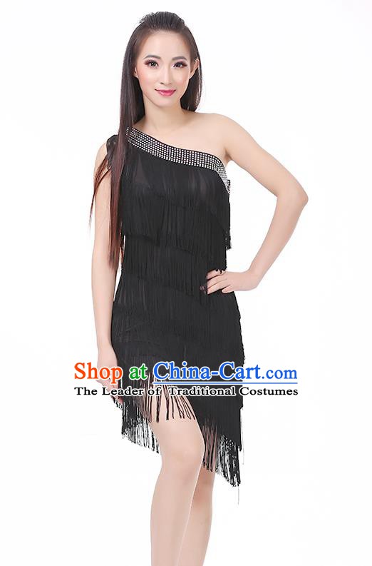 Top Modern Dance Latin Dance Costume Classical Jazz Dance Black Tassel Dress for Women