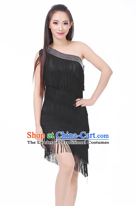 Top Modern Dance Latin Dance Costume Classical Jazz Dance Black Tassel Dress for Women