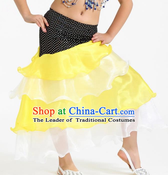 Asian Indian Belly Dance Yellow and White Skirt Stage Performance Oriental Dance Clothing for Kids