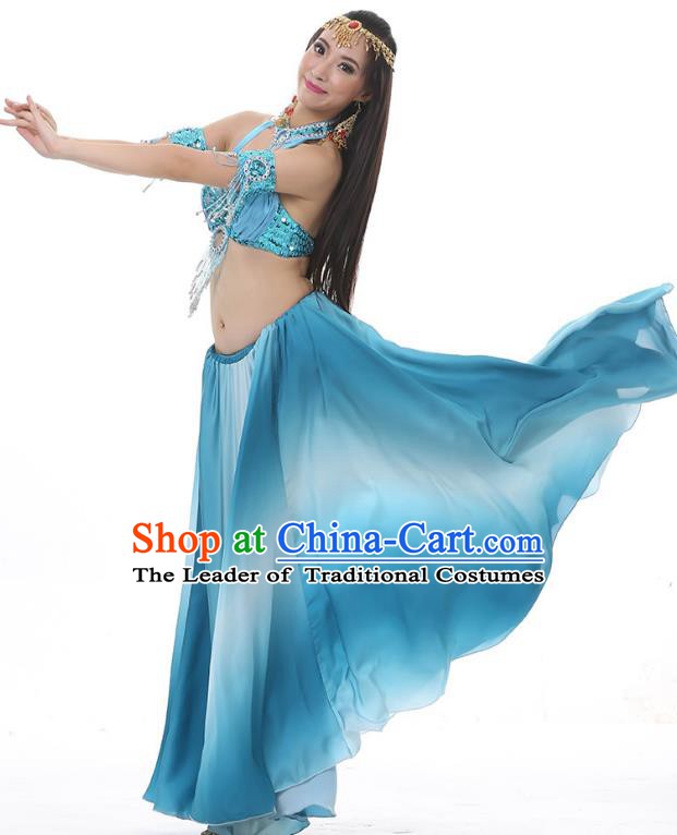 Asian Indian Belly Dance Costume Gradient Light Blue Dress Stage Performance Oriental Dance Clothing for Women