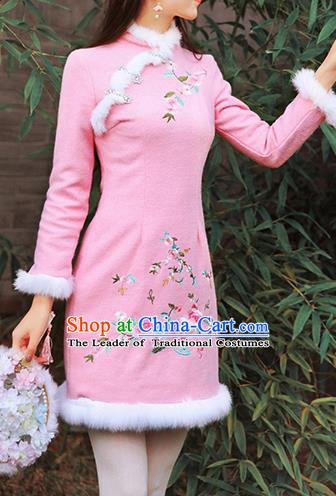 Traditional Chinese National Embroidered Peony Qipao Dress Costume Tangsuit Pink Cheongsam Clothing for Women