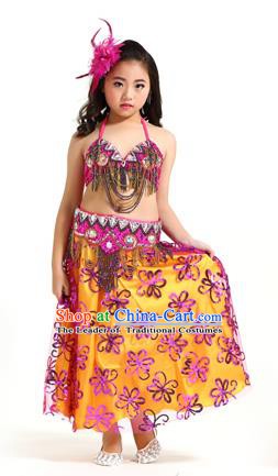 Asian Indian Children Belly Dance Rosy Dress Stage Performance Oriental Dance Clothing for Kids