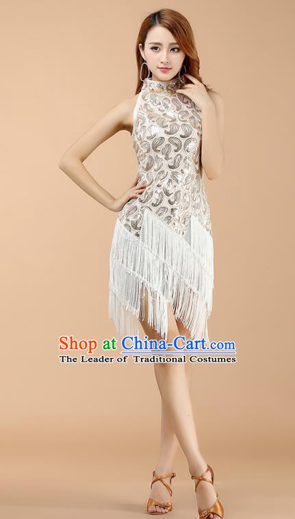 Classical Latin Dance White Tassel Dress Ballroom Dance Modern Dance Costume for Women