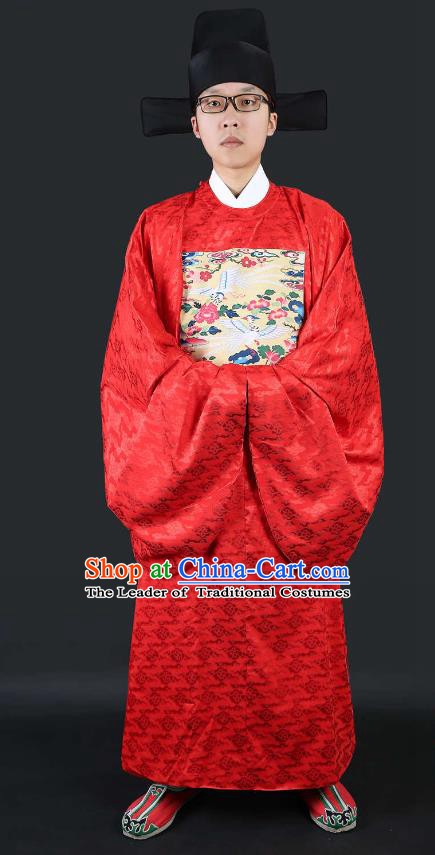 Chinese Ancient Lang Scholar Wedding Costume Cranes Red Robe Ming Dynasty Minister Clothing for Men