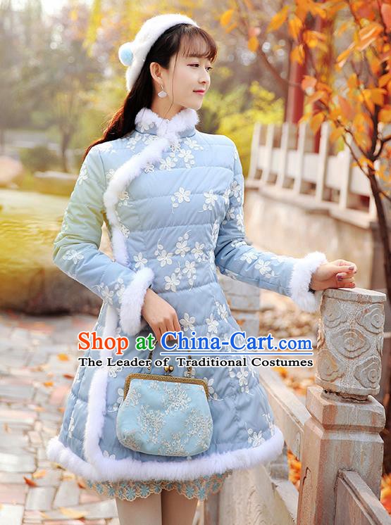 Traditional Chinese National Embroidered Blue Dress Tangsuit Cotton-padded Cheongsam Clothing for Women