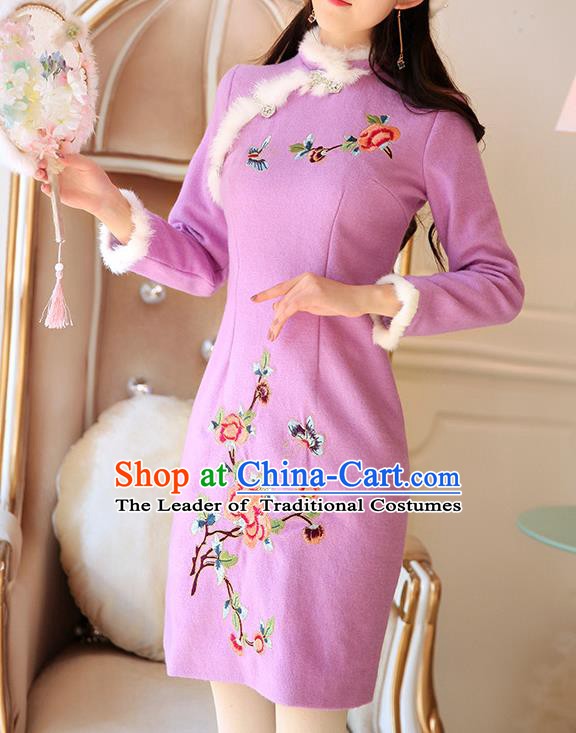 Traditional Chinese National Tangsuit Embroidered Purple Qipao Dress Cheongsam Clothing for Women