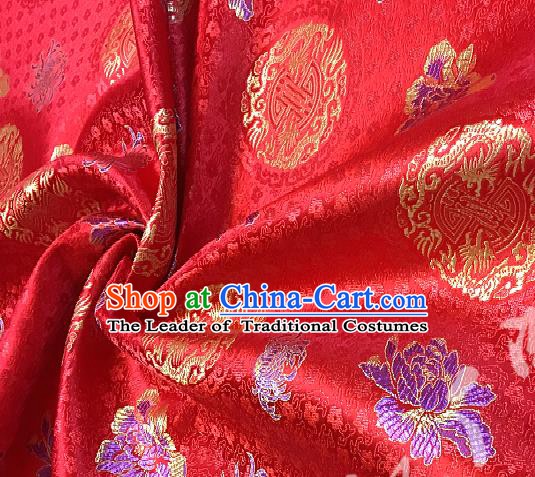 Chinese Traditional Fabric Tang Suit Peony Pattern Red Brocade Chinese Fabric Asian Tibetan Robe Material