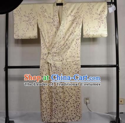 Japan Traditional Kimonos Costume Beige Satin Yukata Dress Japanese Furisode Kimono for Women