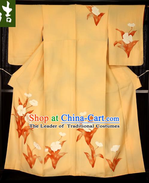 Asian Japan Yellow Furisode Kimono Palace Costume Traditional Japanese Yukata Dress for Women