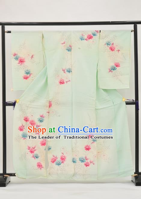 Asian Japan Painting Flowers Green Furisode Kimono Palace Costume Traditional Japanese Yukata Dress for Women