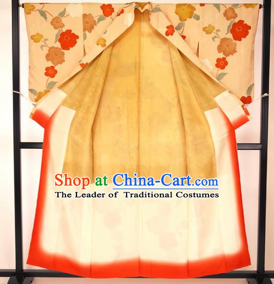 Japan Traditional Formal Costume Printing Flowers Furisode Kimono Yukata Dress for Women