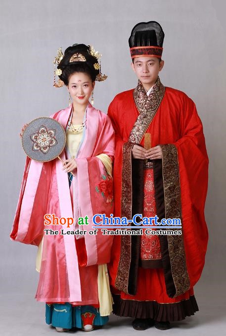 Ancient Chinese Tang Dynasty Palace Bride and Bridegroom Hanfu Embroidered Wedding Costumes Complete Set