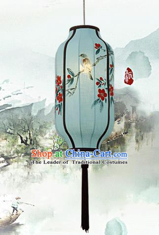 Traditional China Handmade Blue Lantern Ancient Ink Painting Flowers Hanging Lanterns Palace Ceiling Lamp