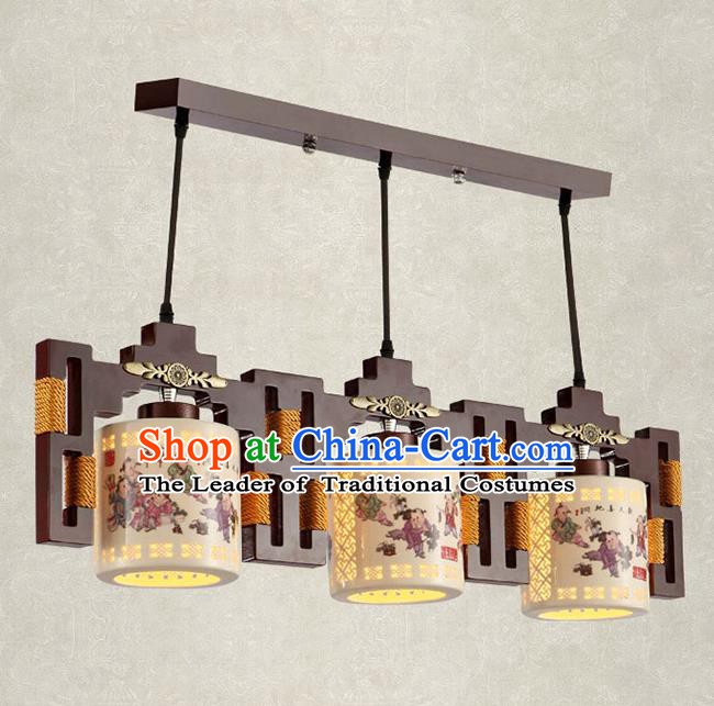 China Handmade Ceiling Lantern Traditional Ancient Printing Ceramics Three-Lights Hanging Lamp Palace Lanterns