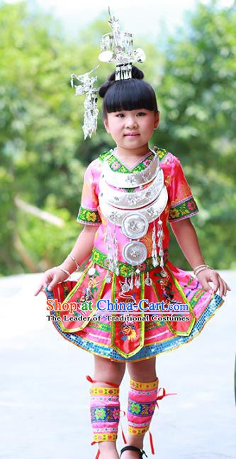 Traditional Chinese Miao Minority Nationality Costume Hmong Folk Dance Pink Dress for Kids